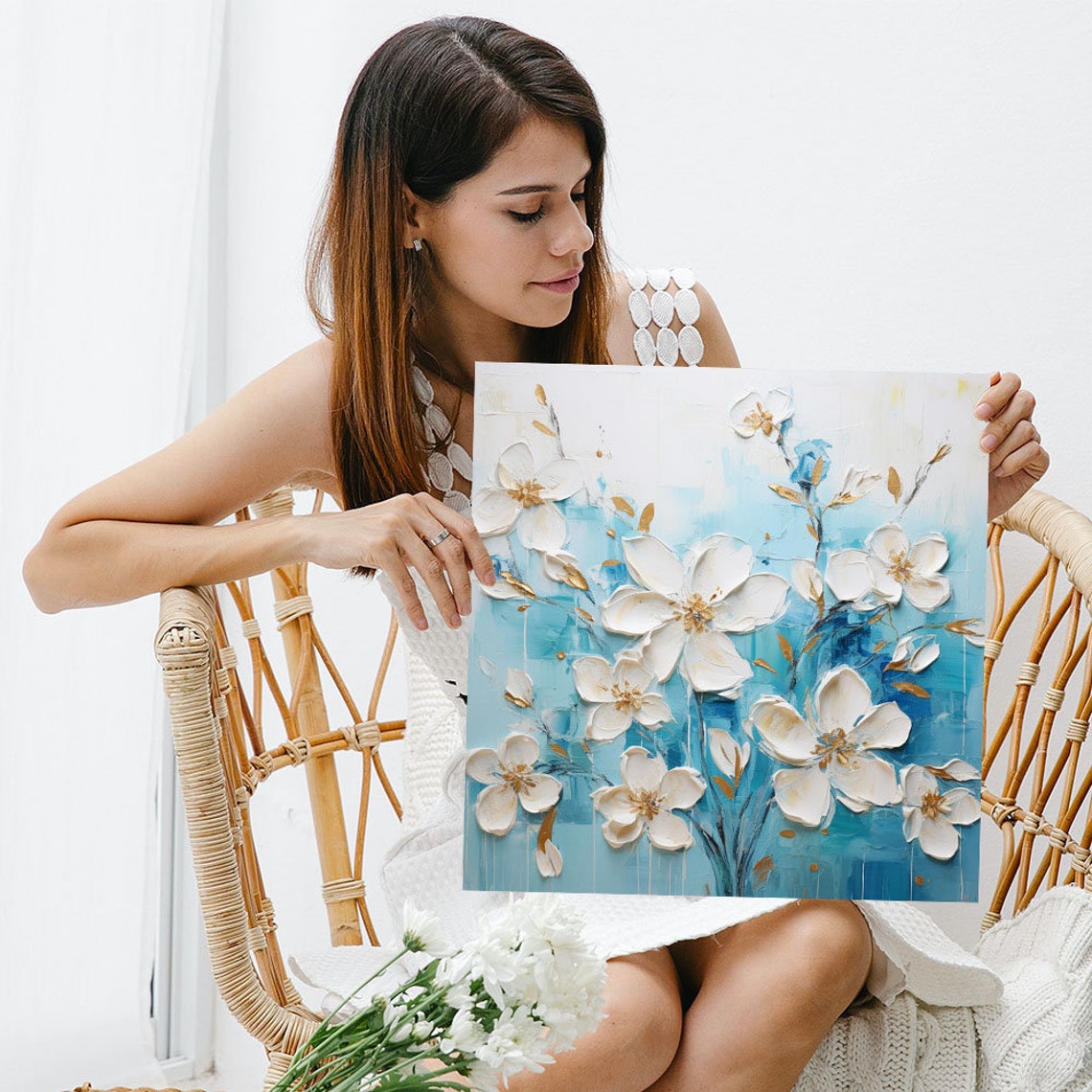 White Blossom Flowers Aqua Background Textured Impasto Floral Poster - Image 5