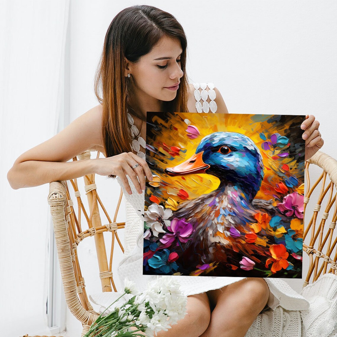 Colorful Duck Portrait Among Bright Flowers Impasto Bird Canvas Poster - Image 5
