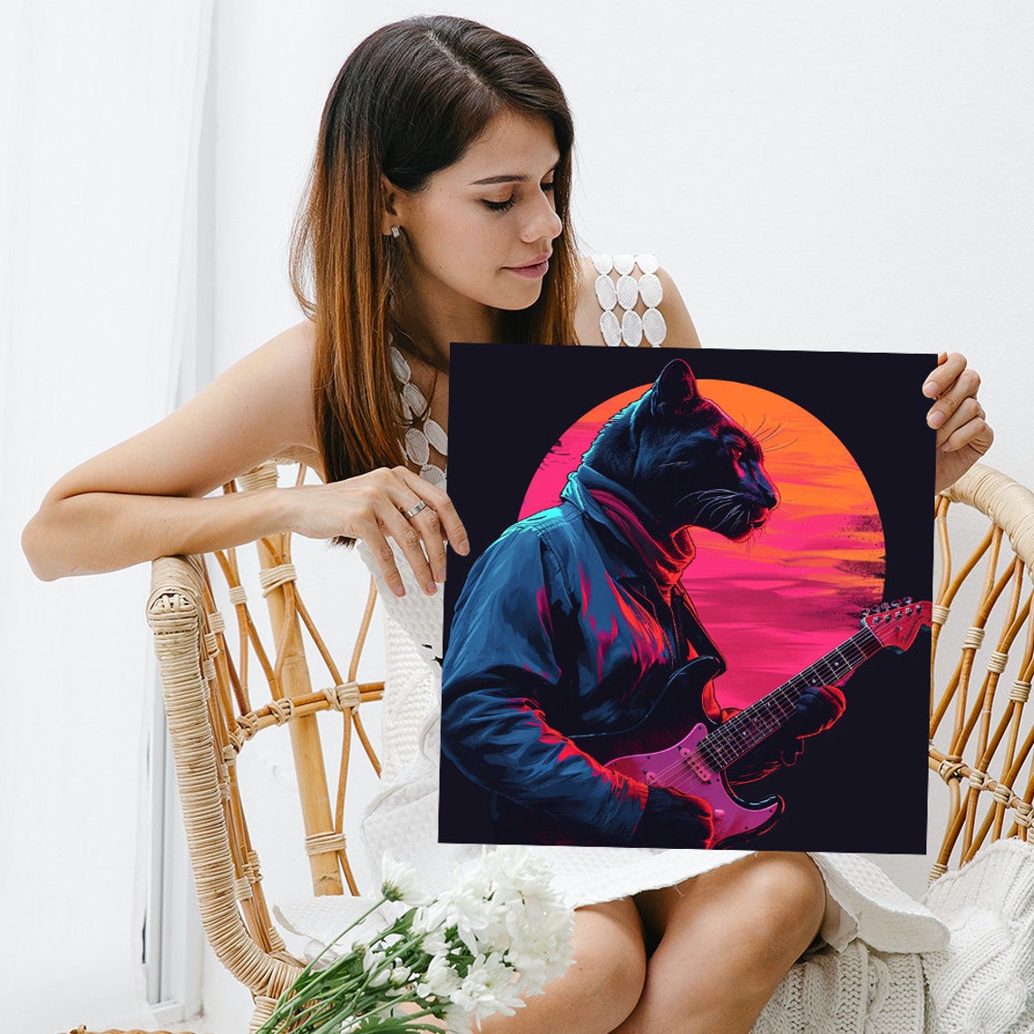 Panther Guitarist in Neon Sunset Retro Synthwave Style Poster - Image 3
