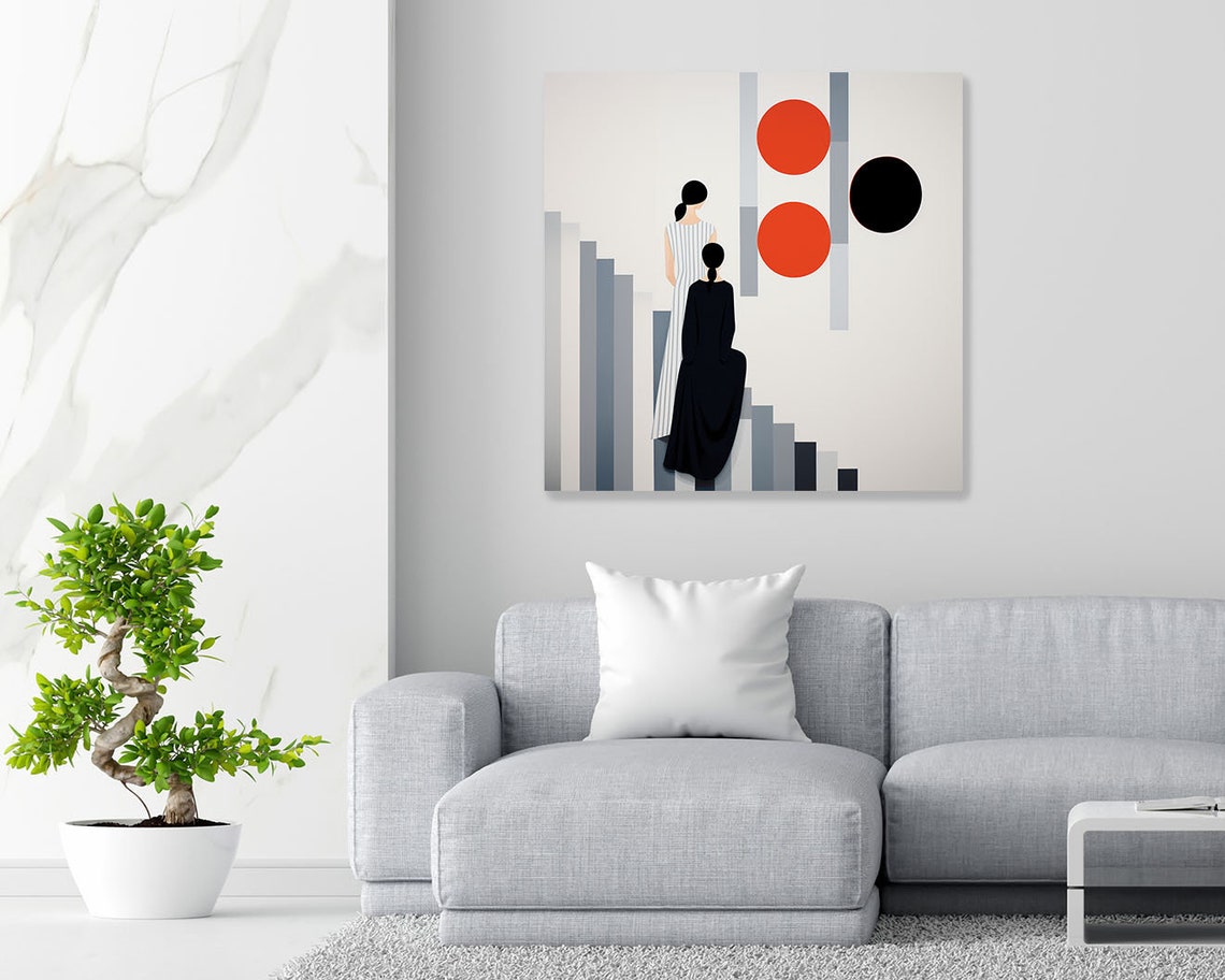 Two Women Viewing Red Suns Minimalist Geometric Abstract Art Poster - Image 2