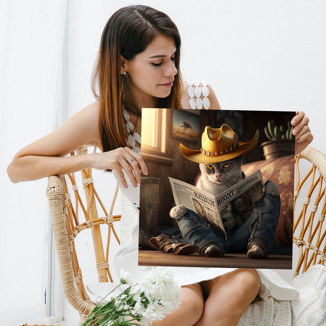 Cowboy Cat Reading Newspaper Western Hat Jeans Funny Animal Poster - Image 3