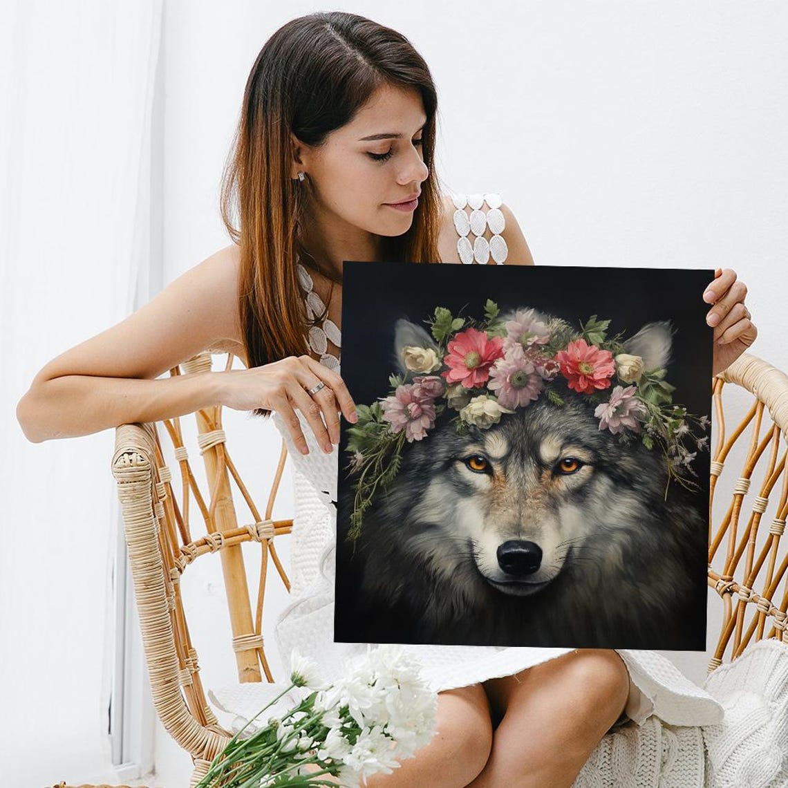 Wolf With Pink Floral Crown on Dark Background Boho Animal Wall Poster - Image 3