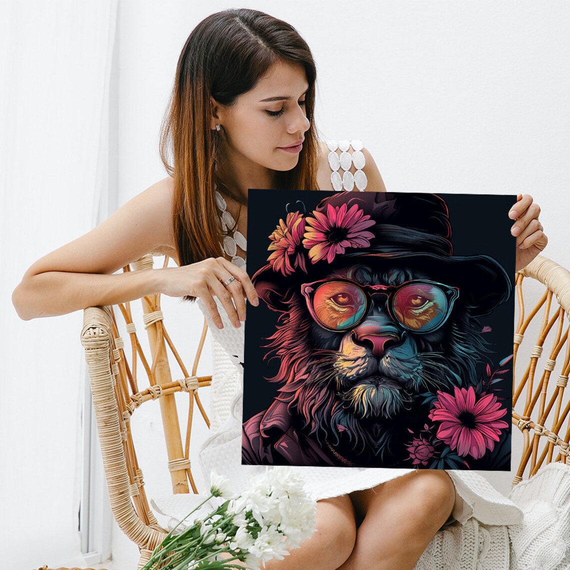 Hipster Lion Round Glasses Floral Hat Neon Pop Art Animal Wall Art Poster - Image 3