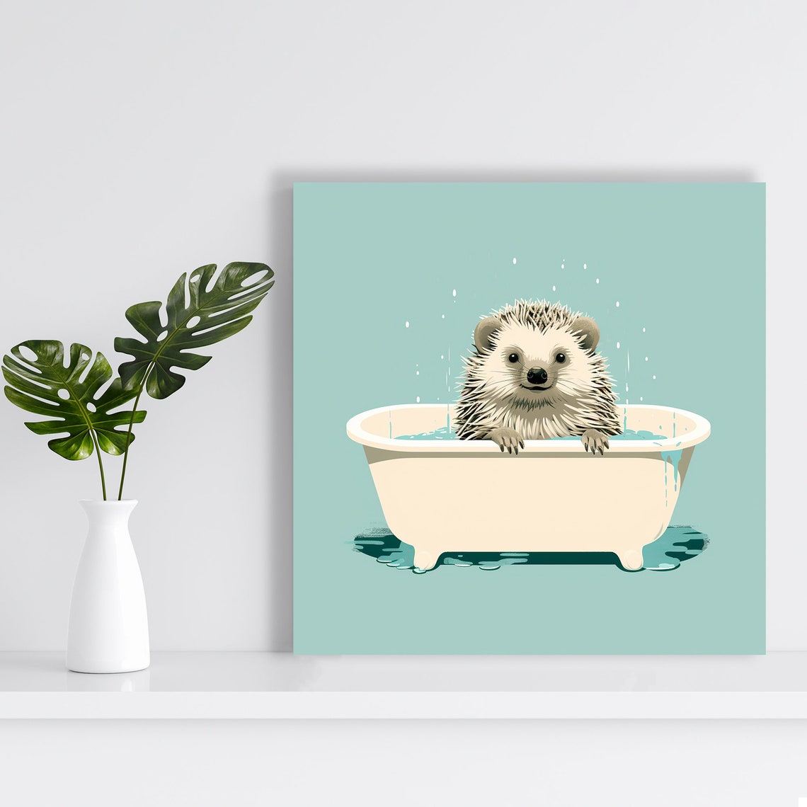 Adorable Hedgehog Taking A Bubble Bath Teal Background Animal Poster - Image 2