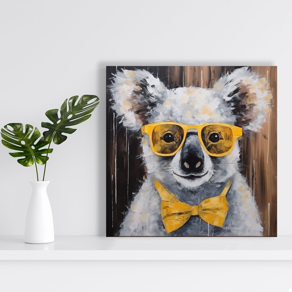 Hipster Koala Poster Yellow Sunglasses Bow Tie Painterly Funny Animal Print - Image 2