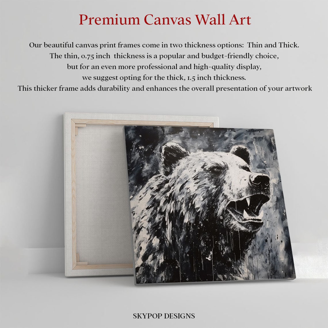 Black And White Roaring Bear Side Profile Splash Ink Wildlife Poster - Image 2