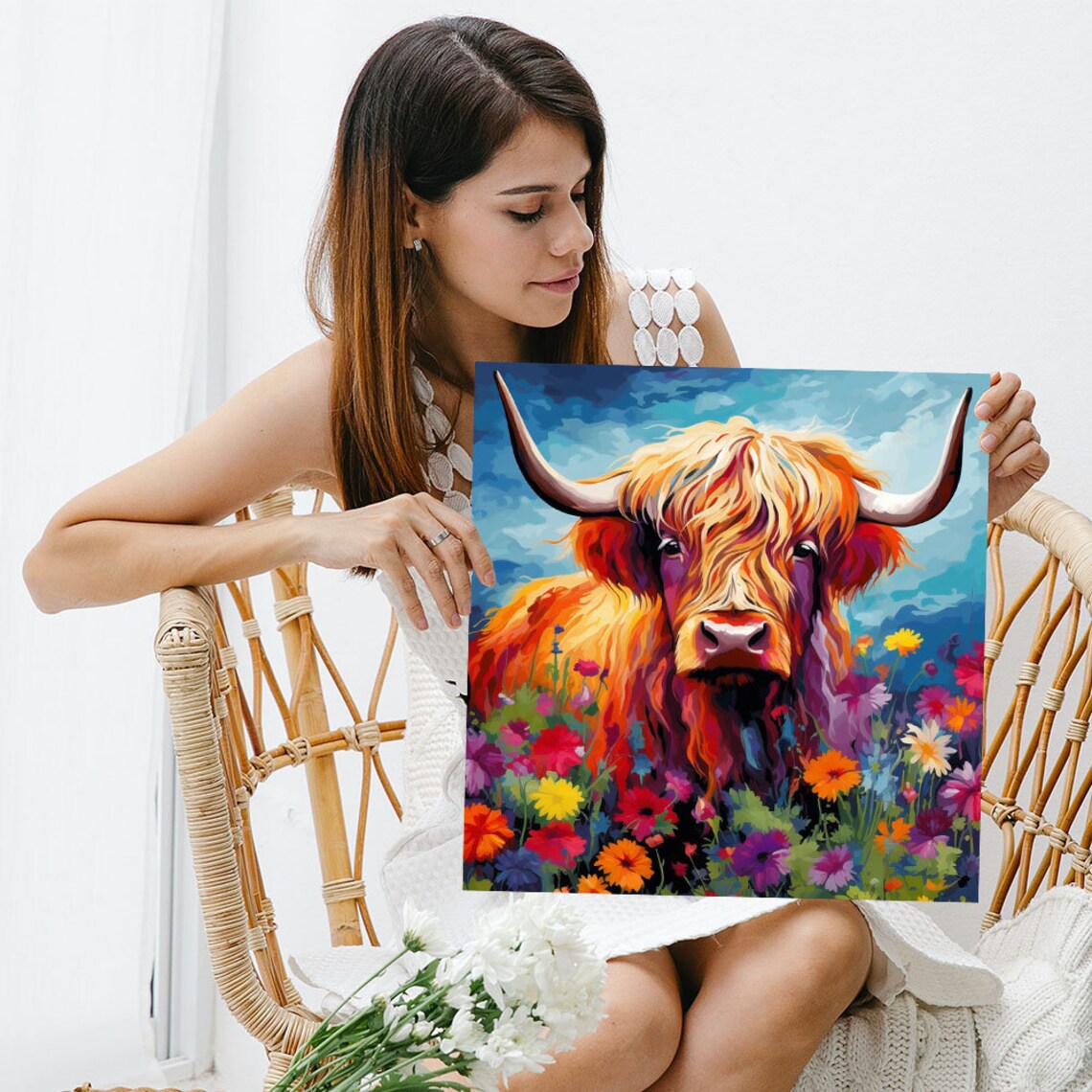 Highland Cow With Flower Art Print, Farm Animal Decor - Image 5