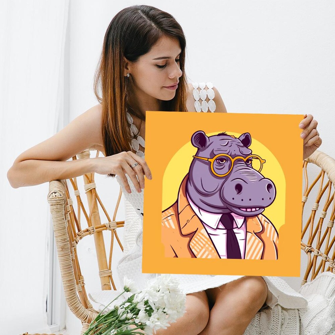 Hippo Businessman Suit Glasses Funny Office Cartoon Animal Art Poster - Image 3
