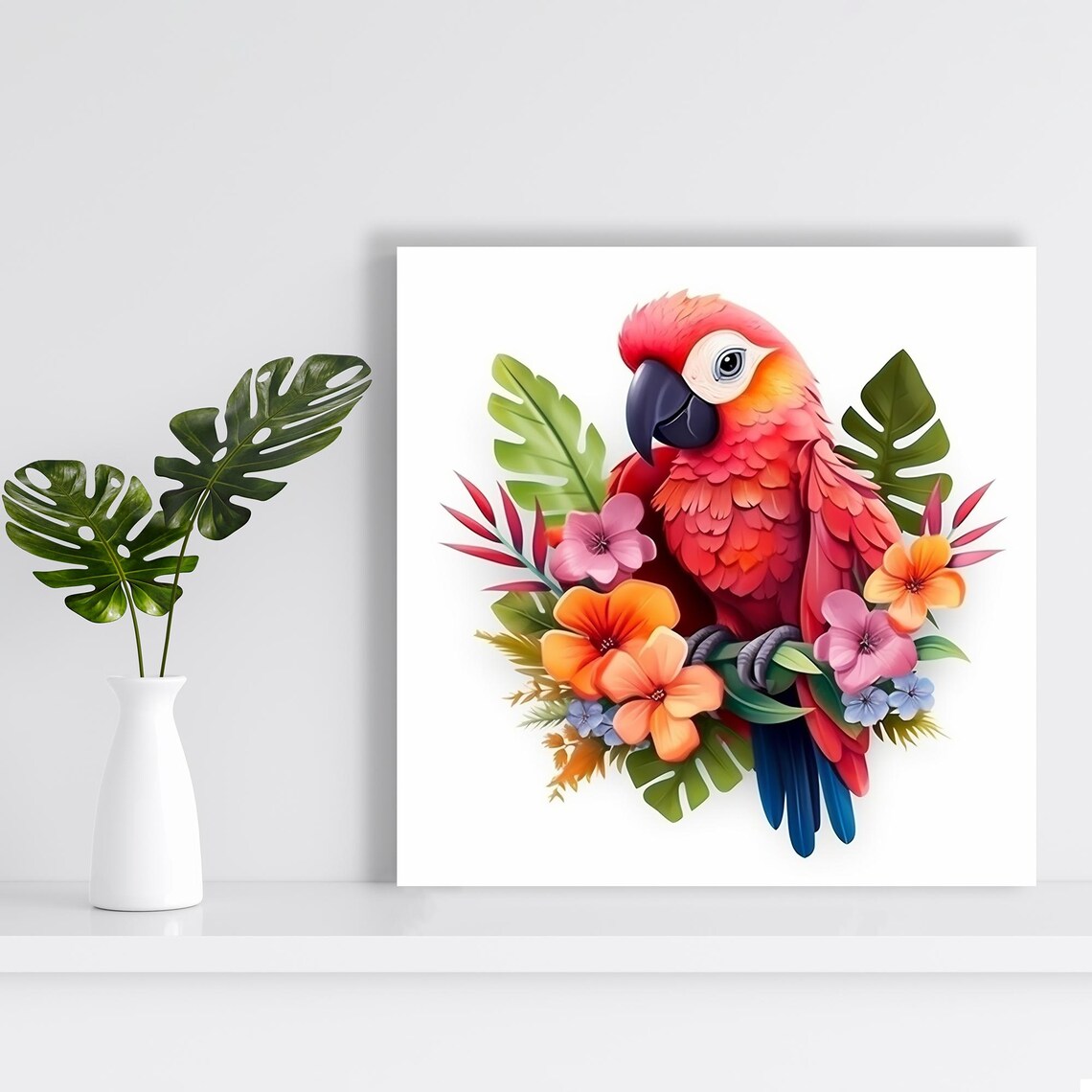 Red Parrot With Tropical Flowers Monstera Leaves Bohemian Poster - Image 2