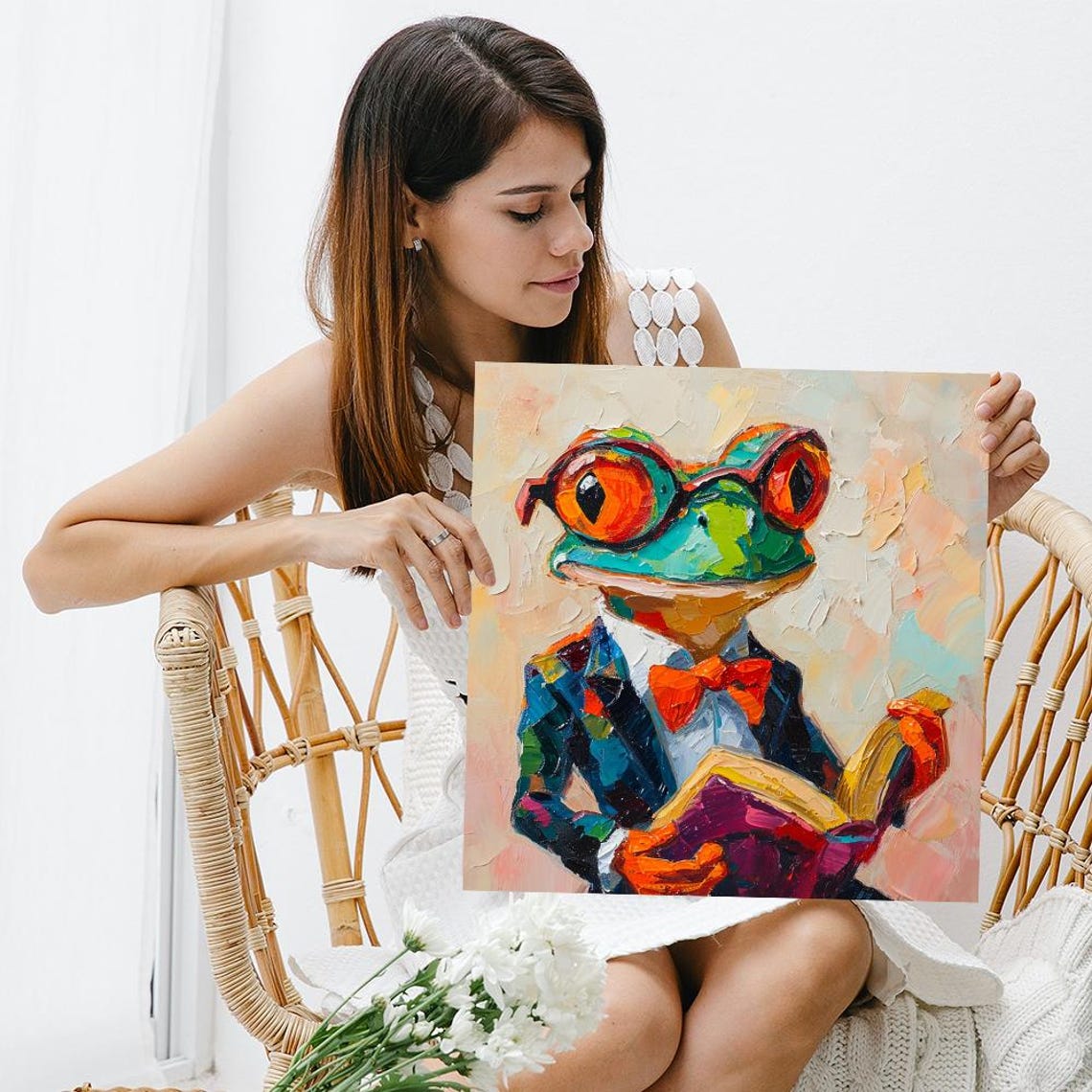 Frog Professor In Glasses Bow Tie Holding Book Colorful Oil Poster - Image 3