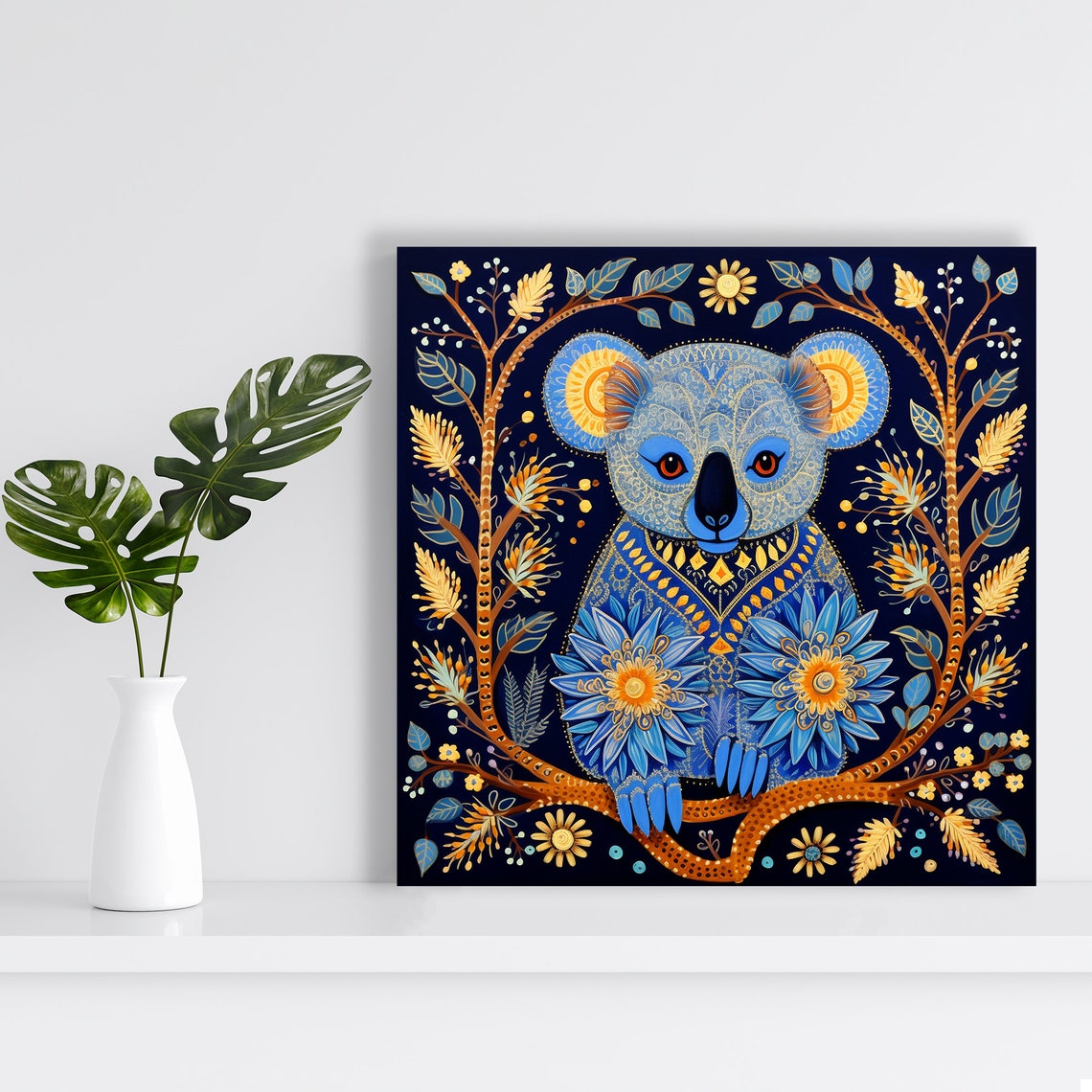 Blue Gold Patterned Koala Ornate Floral Dark Background Art Poster - Image 2