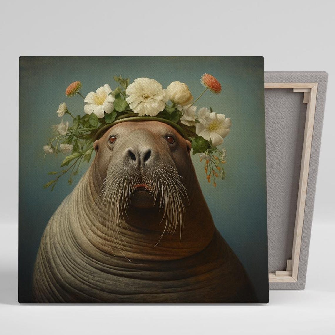 Walrus Wearing Floral Crown Vintage Style Animal Wall Art Decor Poster