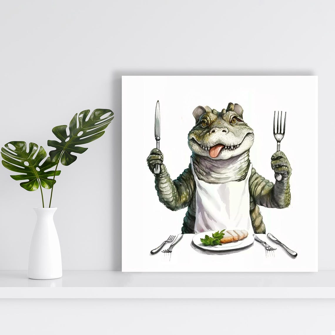 Crocodile Chef Holding Knife Fork Watercolor Funny Kitchen Wall Poster - Image 2