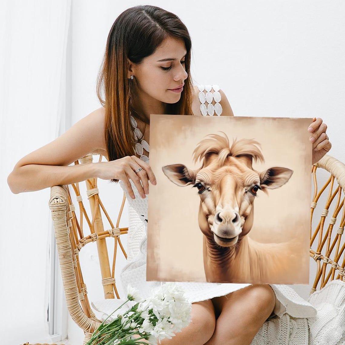 Smiling Cow Fringe Hairstyle Sweet Beige Rustic Farmhouse Art Poster - Image 3