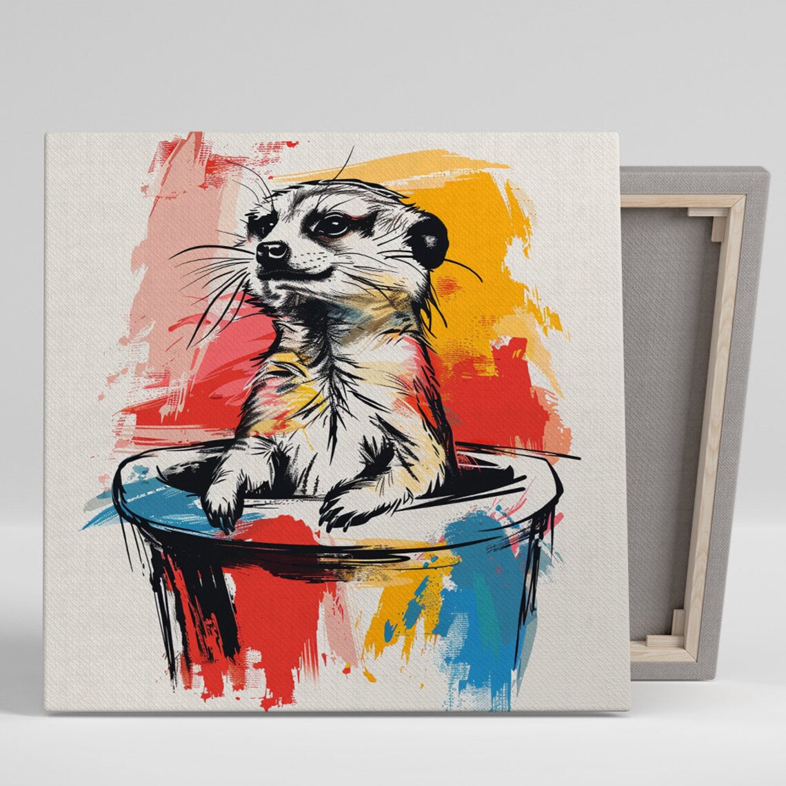Curious Meerkat In Paint Bucket Colorful Sketch Animal Art Poster