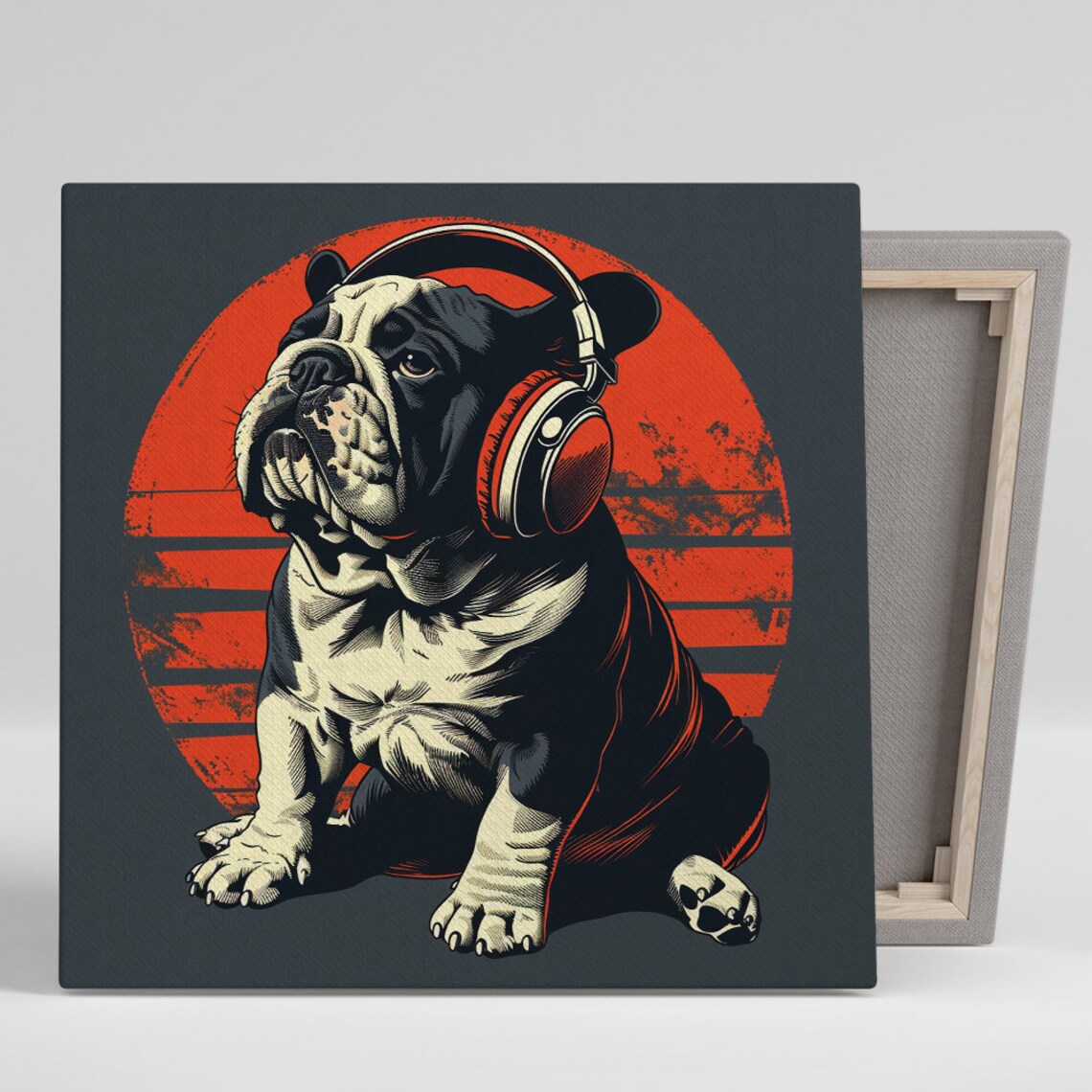 Bulldog in Headphones Retro Orange Sunset Music Dog Poster Wall Art