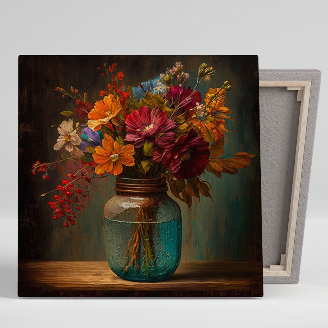 Autumn Cosmos Red Peony Bouquet Turquoise Glass Jar Floral Poster