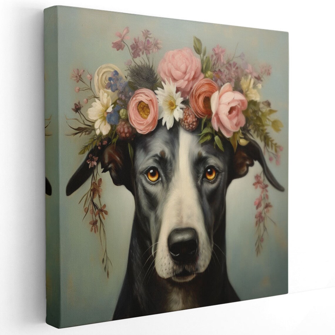 Black Dog Pink Flower Crown Portrait Elegant Floral Pet Wall Poster - Image 2