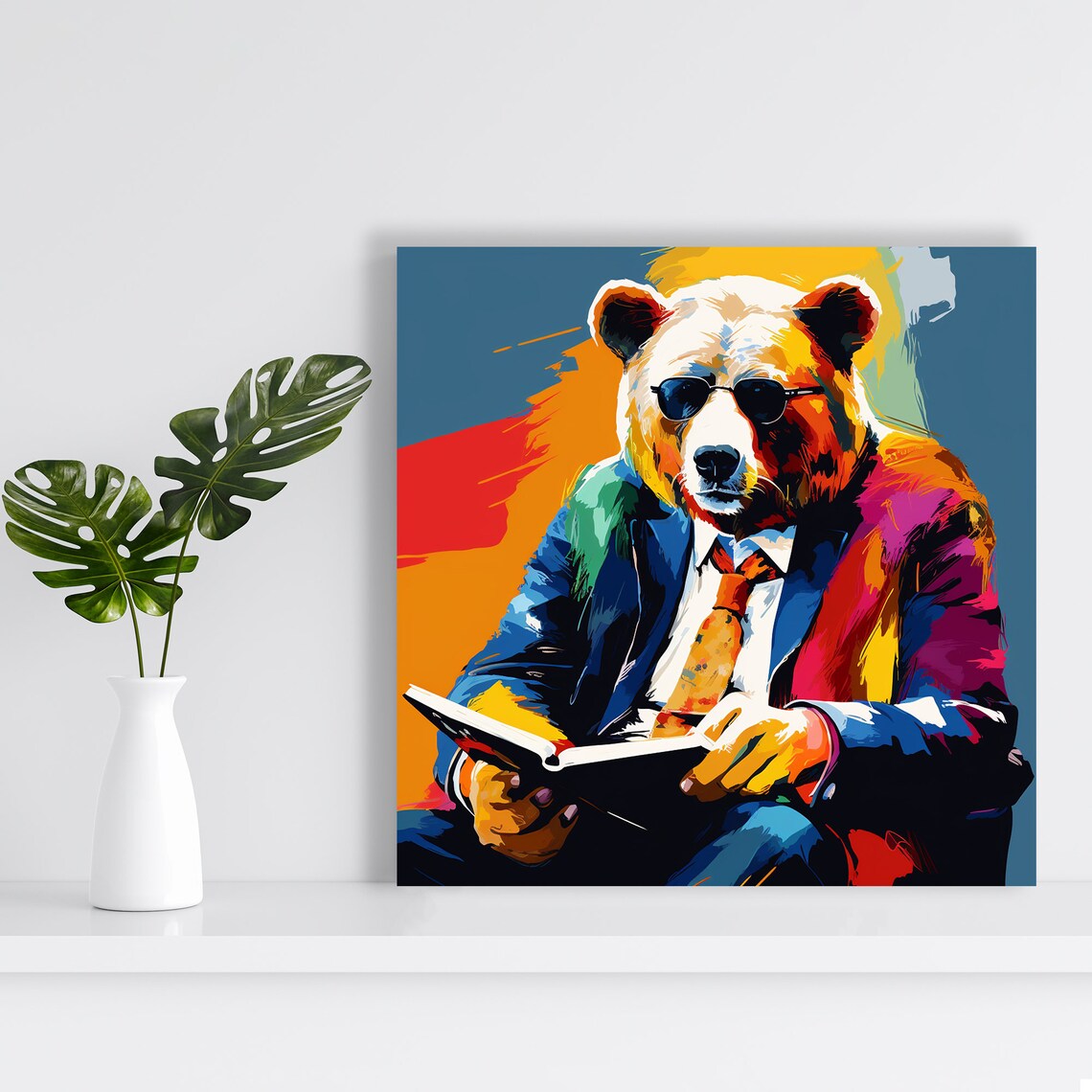 Corporate Bear In Suit Sunglasses Reading Pop Art Colorful Modern Office Poster - Image 2