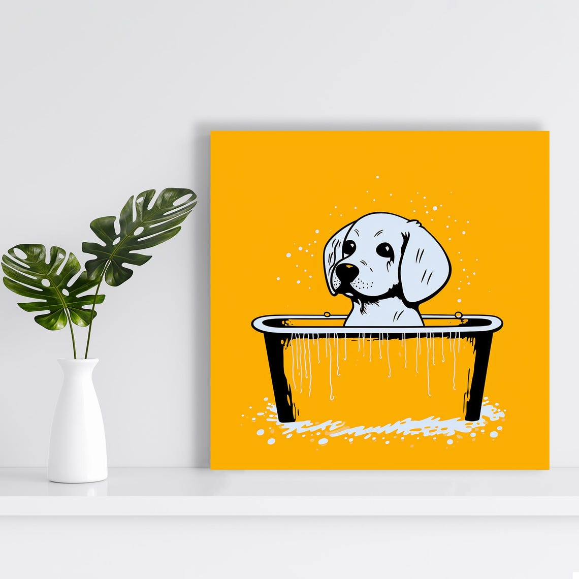 Cute White Puppy Dog Bathing In Black Tub Yellow Background Poster - Image 2