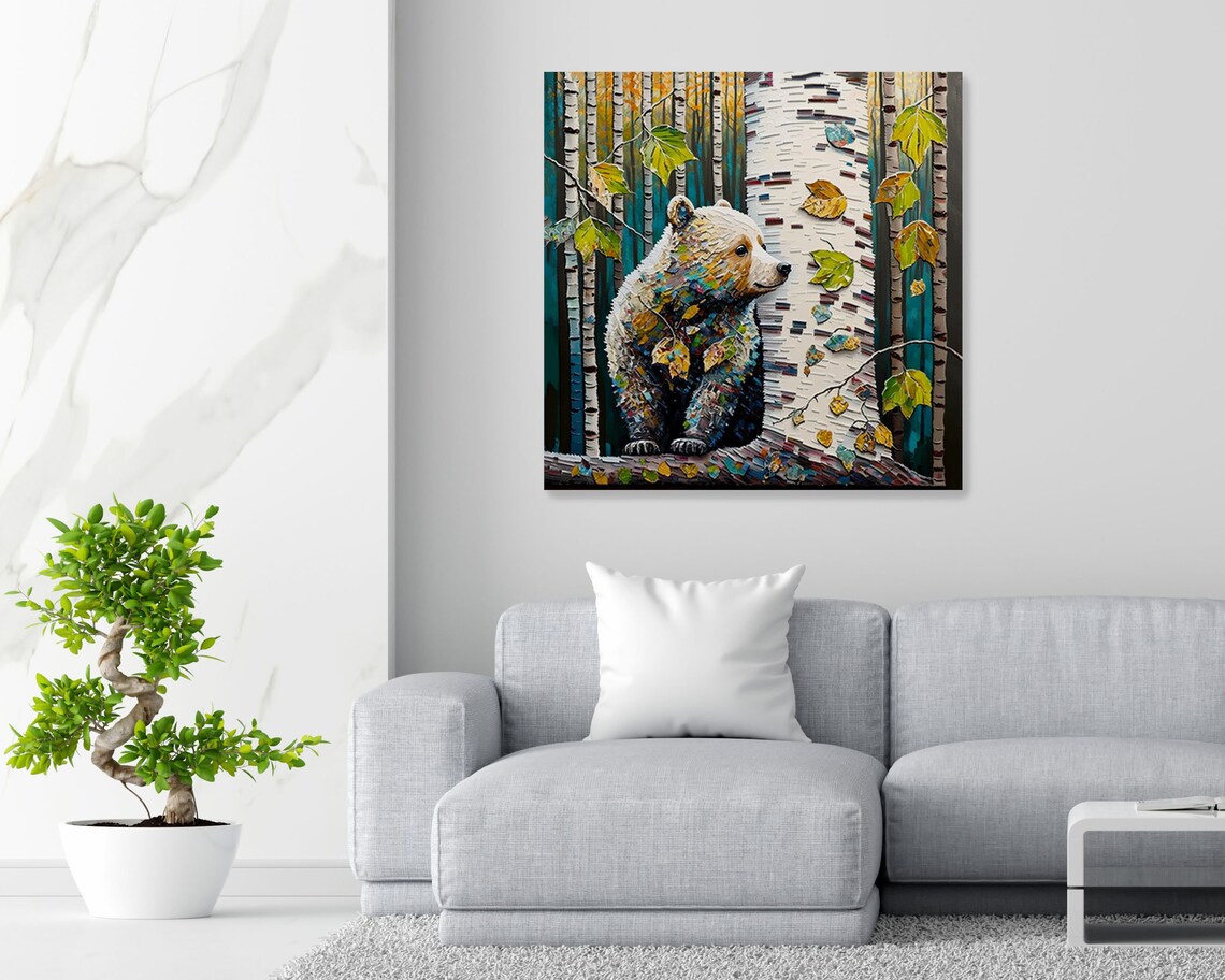 Birch Tree With Bear, Modern Nature Wall Art Print - Image 2
