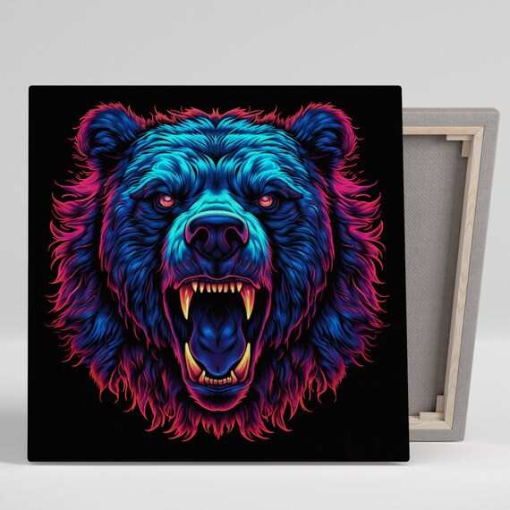 Neon Bear Head Poster Blue Pink Glow Fierce Game Room Animal Decor