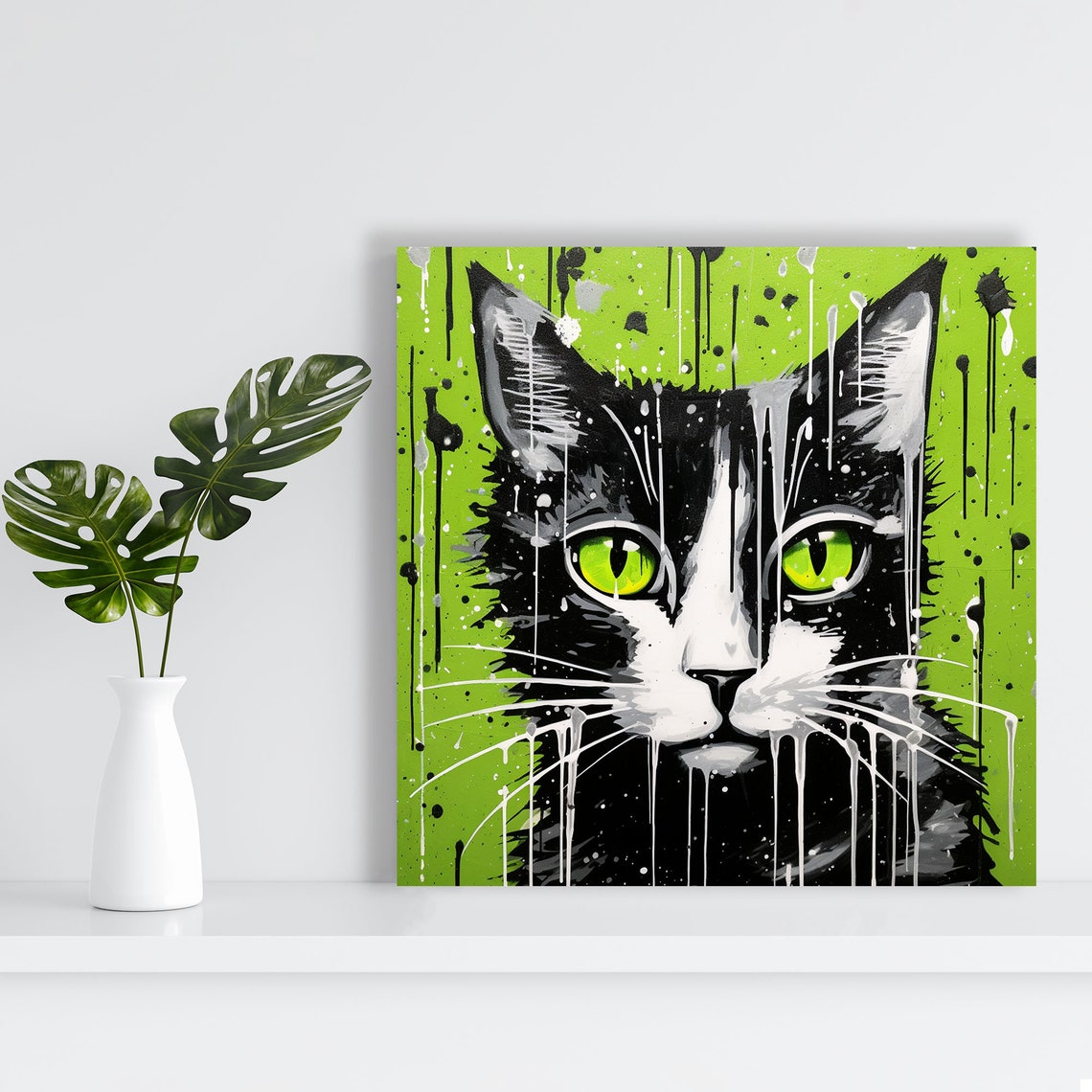 Black Cat Green Eyes Lime Green Graffiti Splash Pop Art Cat Poster - Image 2