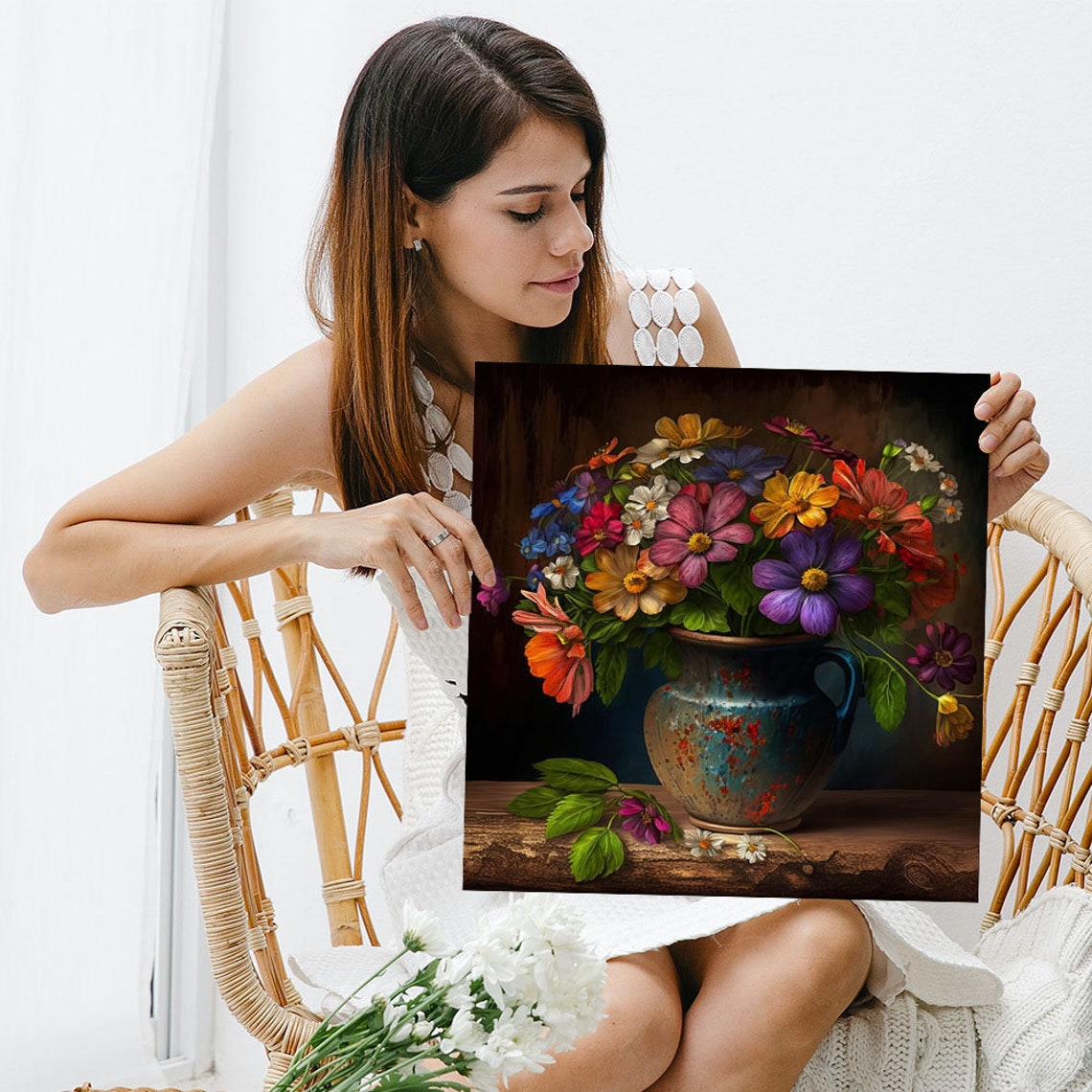 Vibrant Mixed Flower Bouquet In Blue Pitcher Classic Still Life Poster - Image 5