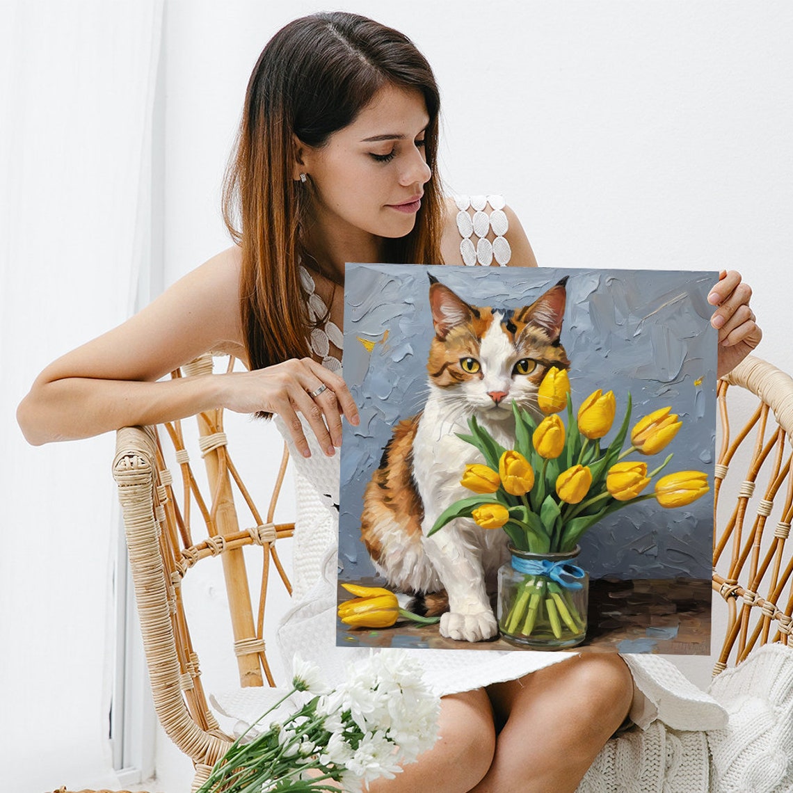 Orange White Cat with Yellow Tulips Impasto Floral Kitchen Wall Poster - Image 3
