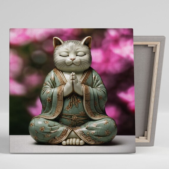 Meditating Cat Buddha Statue Pink Blossoms Zen Spiritual Wall Poster