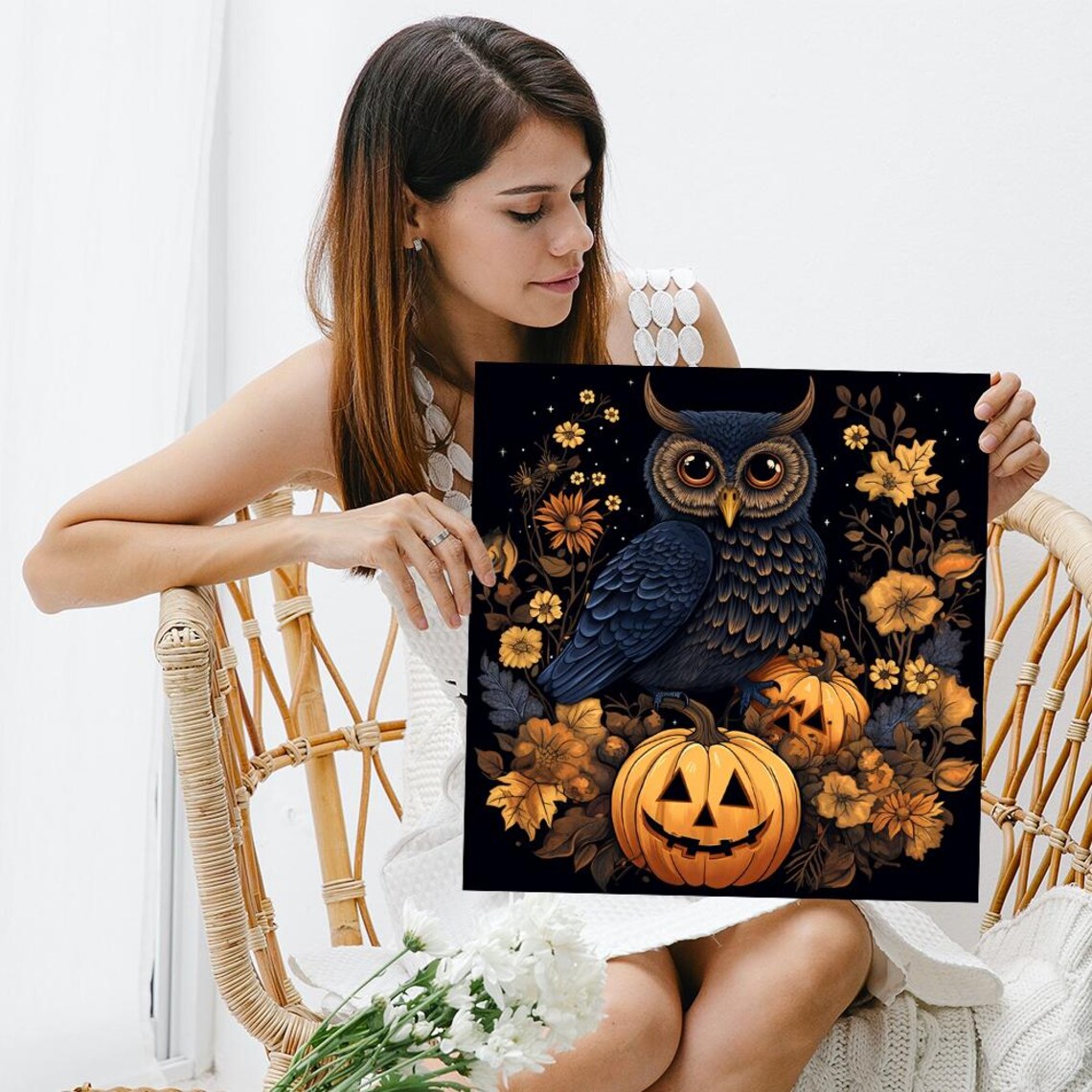 Mystical Owl Halloween Night Pumpkins Autumn Floral Dark Art Poster - Image 3