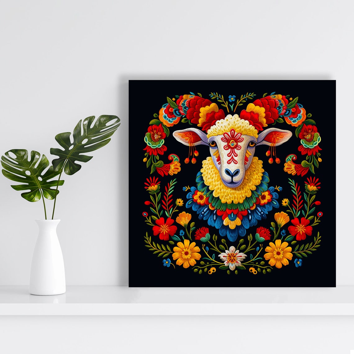 Folk Art Sheep Flower Collar Vibrant Embroidery Wall Art Poster - Image 2
