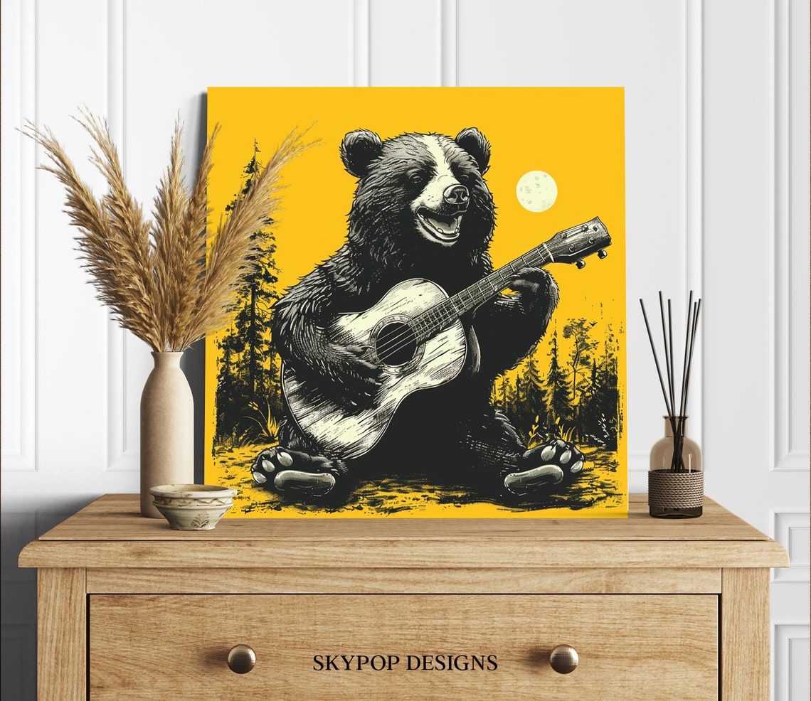 Musical Bear Playing Guitar Under Moon Vintage Engraving Art Poster - Image 2