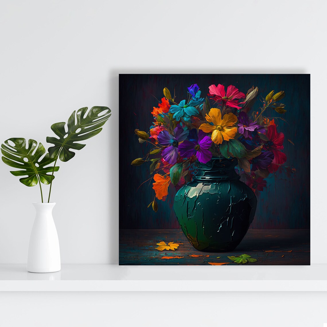 Pink Purple Cosmos Bouquet Dark Green Crackle Vase Moody Floral Poster - Image 2