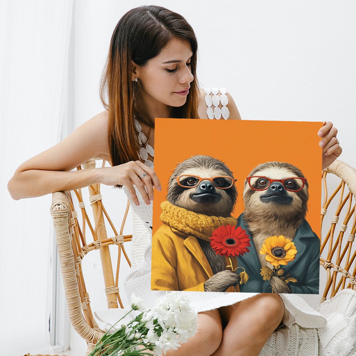 Hipster Sloths In Bloom, Bohemian Wall Art Print - Image 3