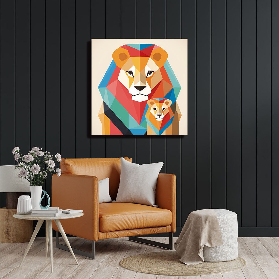 Geometric Low Poly Lion And Cub Colorful Abstract Wildlife Poster - Image 2