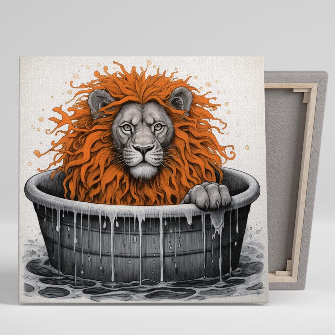 Lion Bathing in Metal Tub Orange Mane Whimsical Animal Bathroom Poster