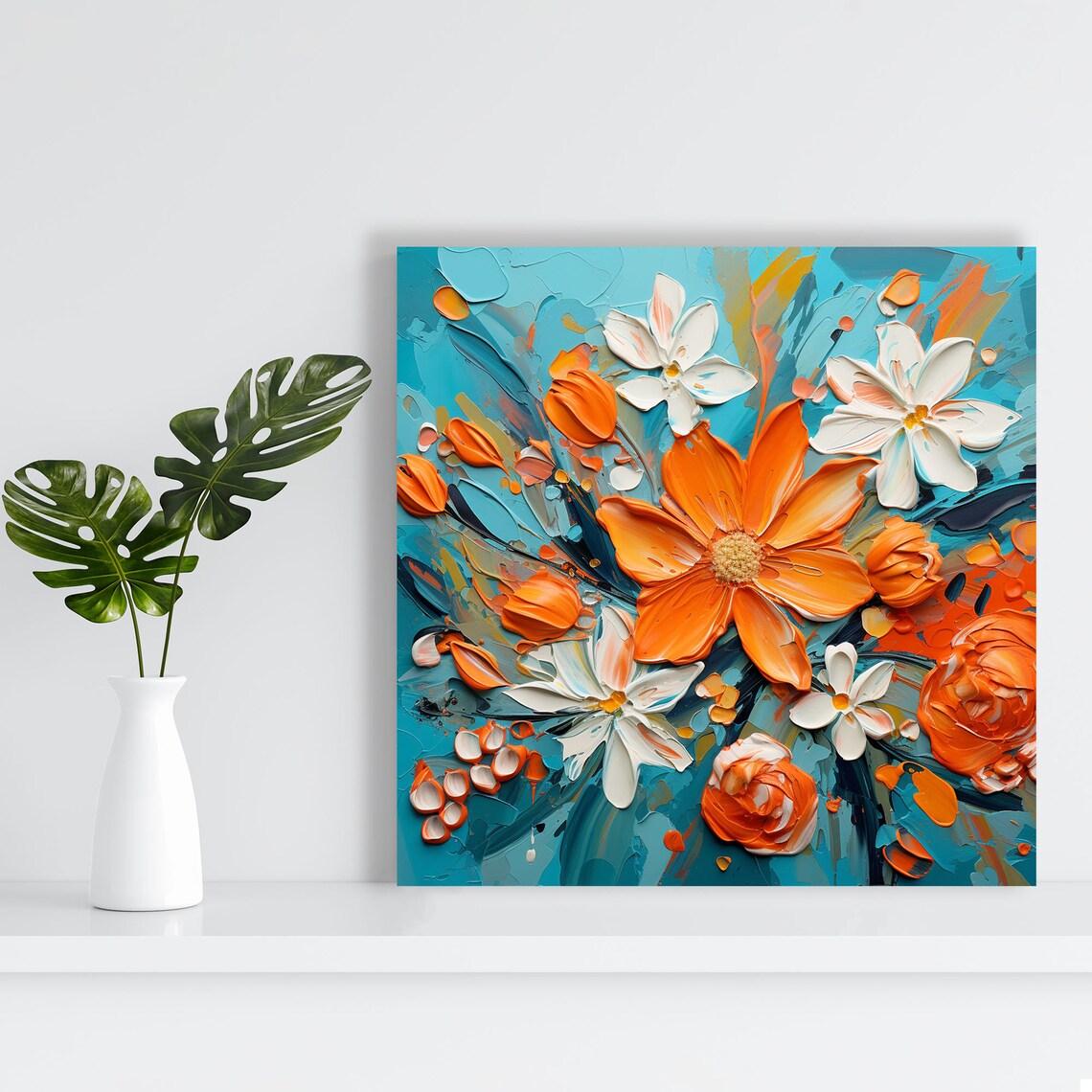 Orange And White Floral Art Print, Living Room Decor - Image 4