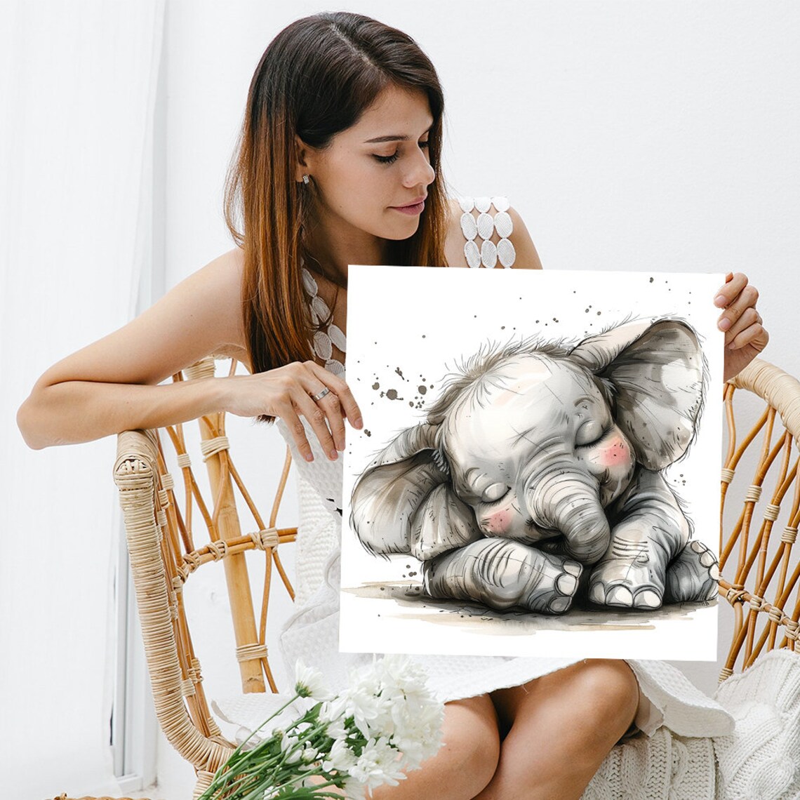 Sleepy Elephant Cuddles Baby Elephant Napping Watercolor Nursery Wall Poster - Image 3
