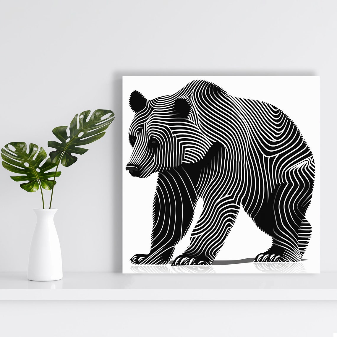 Black White Striped Line Art Bear Modern Minimalist Animal Poster - Image 2