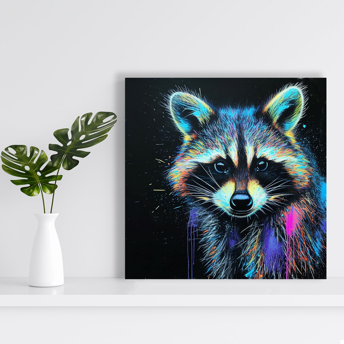 Cosmic Neon Raccoon Splash Portrait Black Background Colorful Art Poster - Image 2