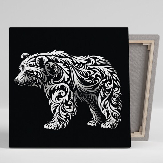 Floral Bear Silhouette White On Black Ornamental Boho Rustic Wall Art Print