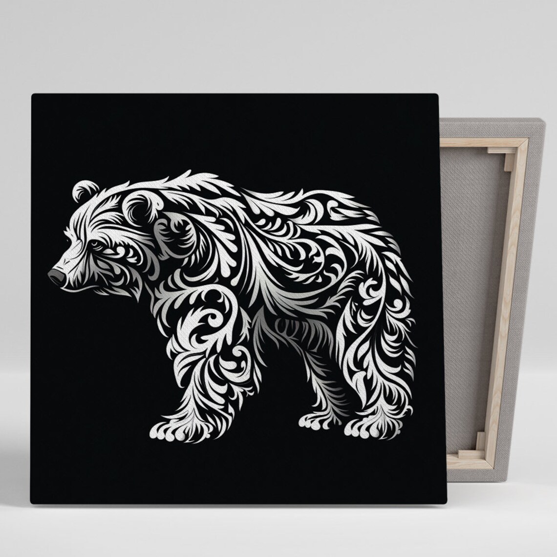 Floral Bear Silhouette White On Black Ornamental Boho Rustic Wall Art Print