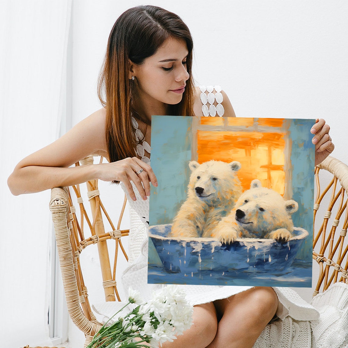 Two Polar Bear Cubs Splashing in Blue Bubble Bath Tub Cozy Wall Art - Image 3