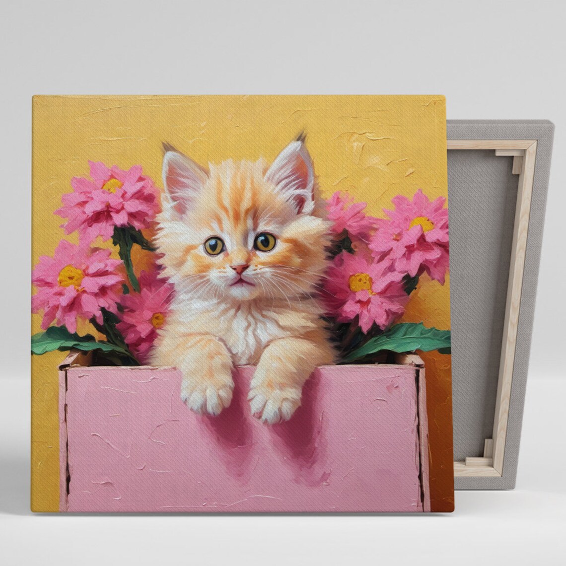 Fluffy Orange Kitten in Pink Box With Pink Flowers Cheerful Poster