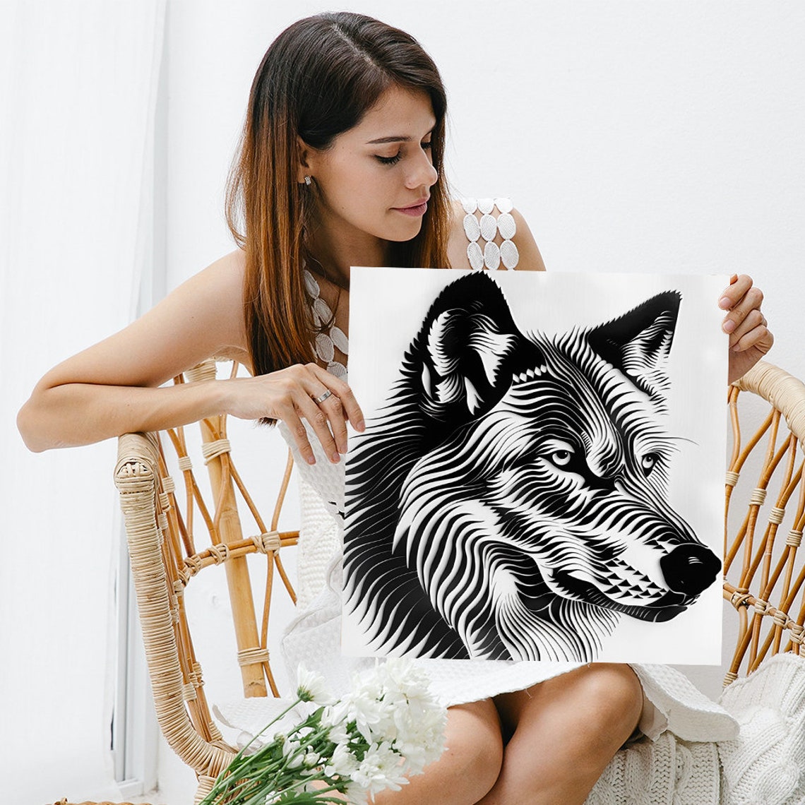 Black White Wolf Head Line Art Minimalist Contemporary Wall Poster - Image 3