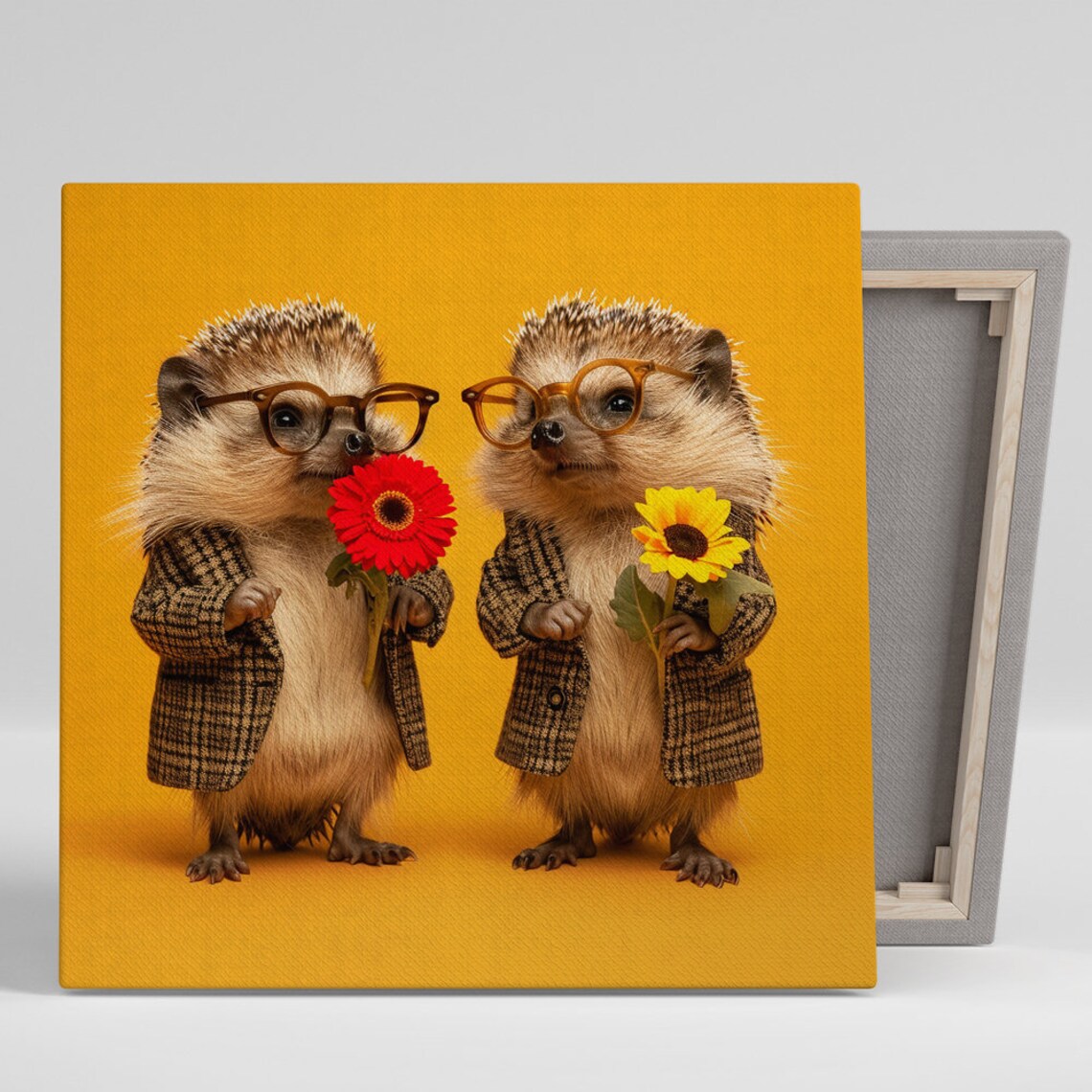 Dapper Hedgehog Duo In Glasses Holding Flowers Orange Background Poster