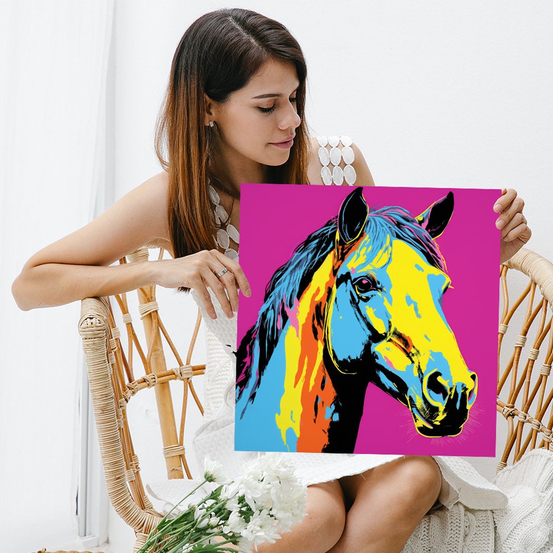 Neon Pop Art Horse Head Yellow Blue on Magenta Bold Animal Wall Art - Image 3