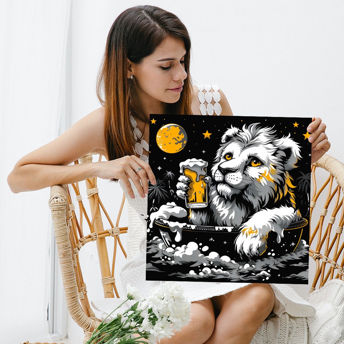 Lion In Bubble Bath With Beer Under Starry Night Fun Wall Poster - Image 3