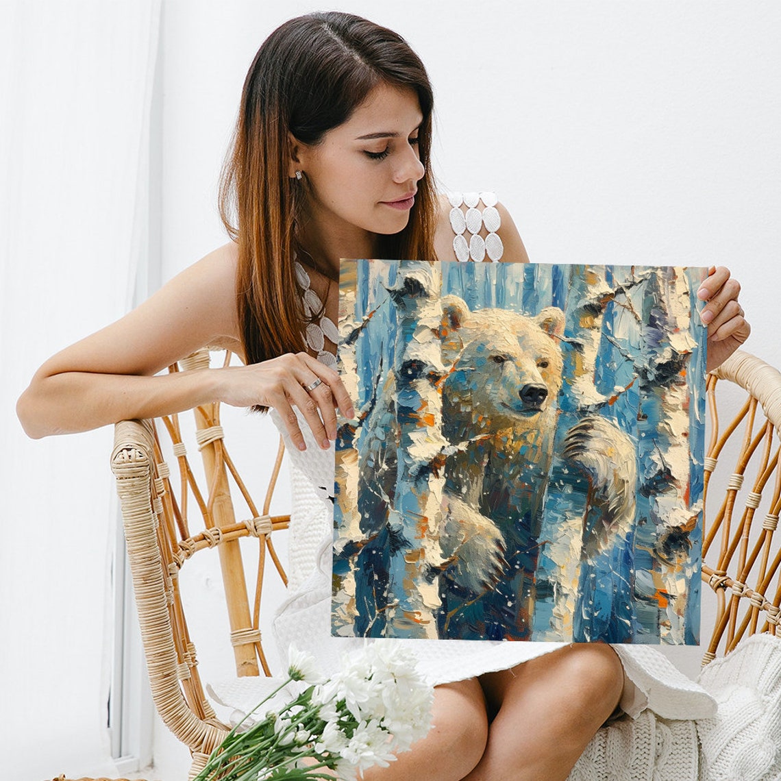 Polar Bear Birch Forest Poster Impasto Snowy Winter Wildlife Decor - Image 3